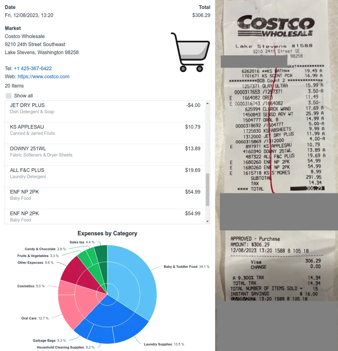 Screenshot of the apocha expense tracker app with pie chart for the categories