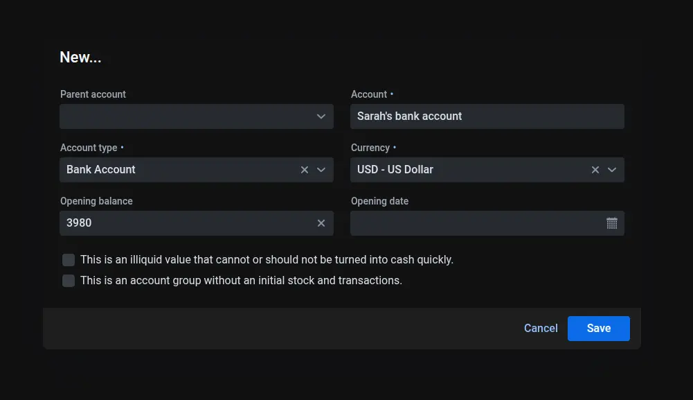 Screenshot shows the dialog for creating a new account in Apocha with fields for account name, account type, currency, and opening balance