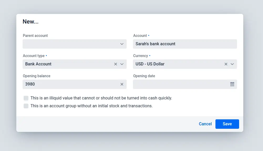 Screenshot shows the dialog for creating a new account in Apocha with fields for account name, account type, currency, and opening balance