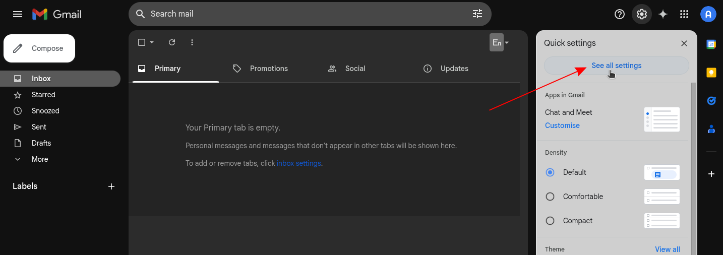 Access advanced Gmail settings