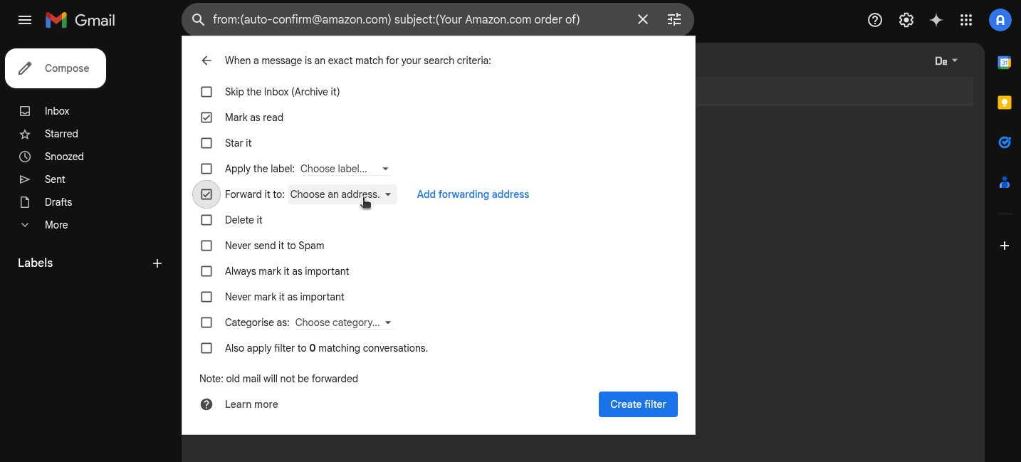 Configure Gmail filter actions