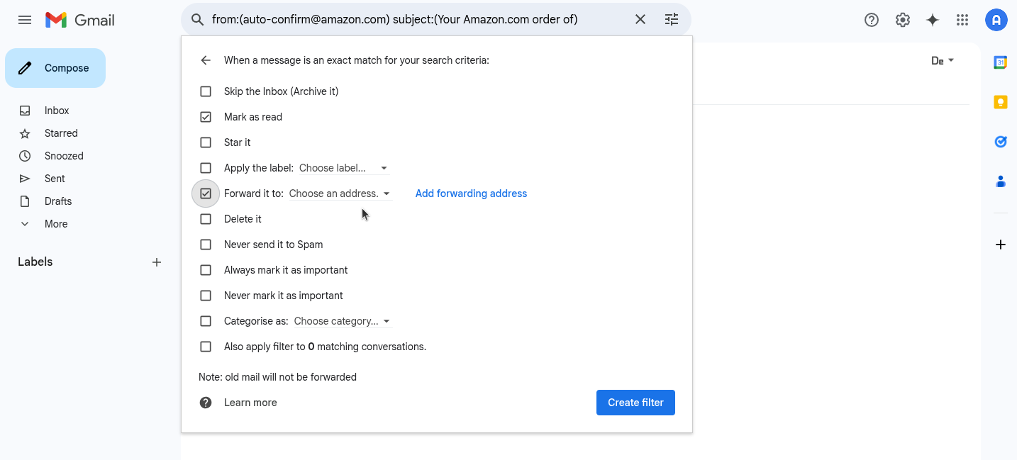 Configure Gmail filter actions