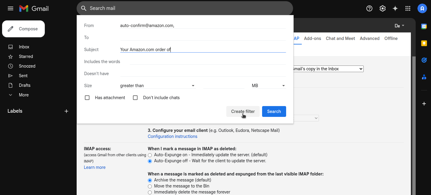 Set up Gmail filter for Amazon order confirmations