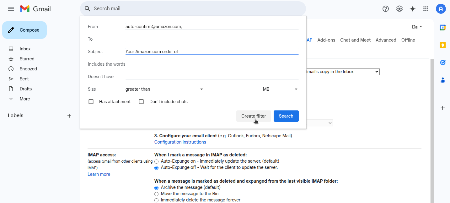 Set up Gmail filter for Amazon order confirmations
