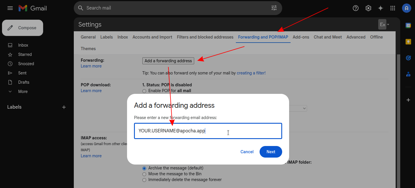 Add forwarding address in Gmail