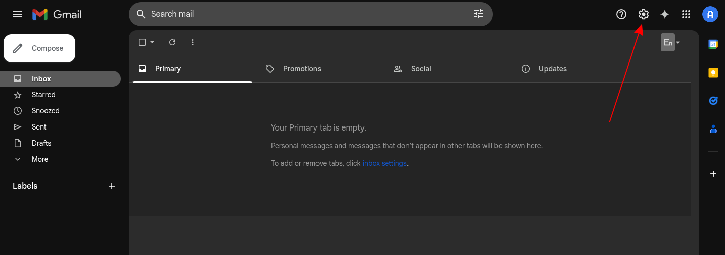 Open Gmail settings via gear icon