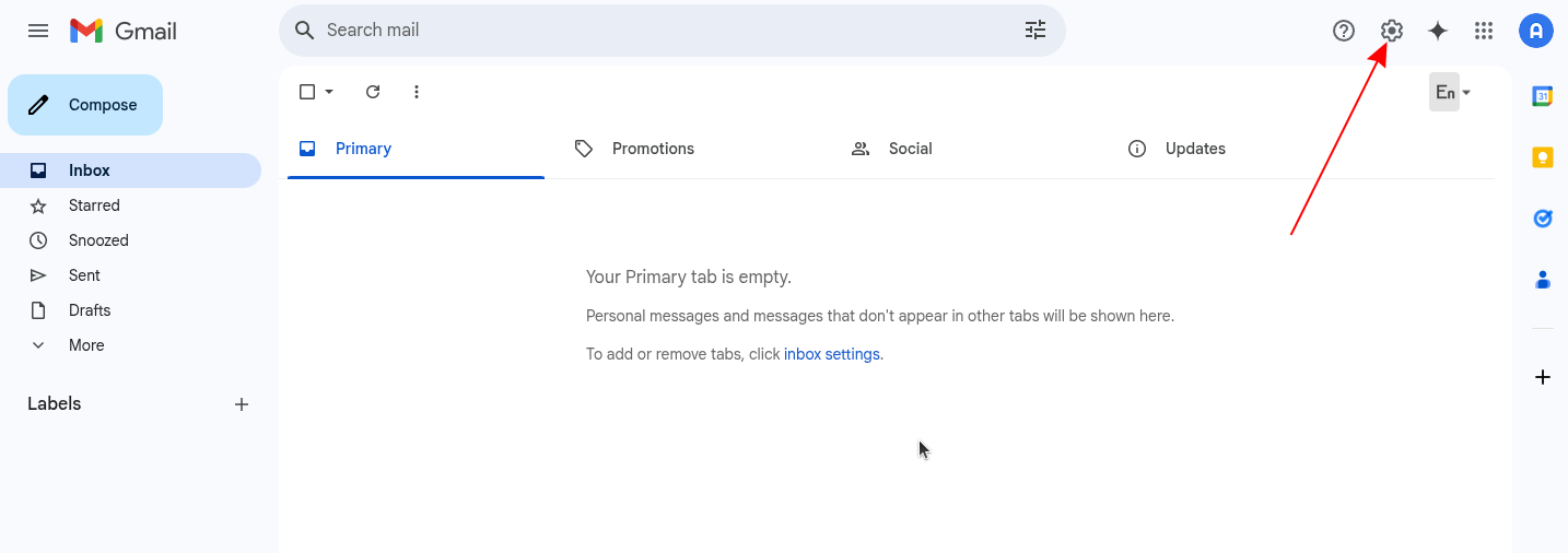 Open Gmail settings via gear icon