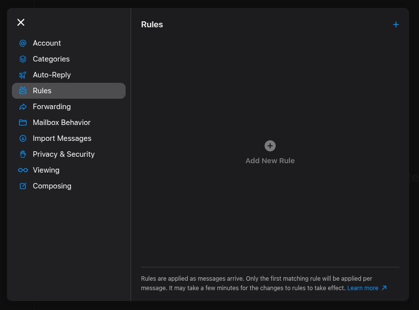 Rule editor for automatic forwarding in iCloud Mail