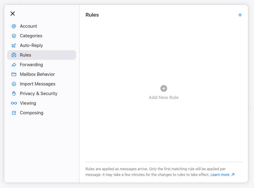 Rule editor for automatic forwarding in iCloud Mail