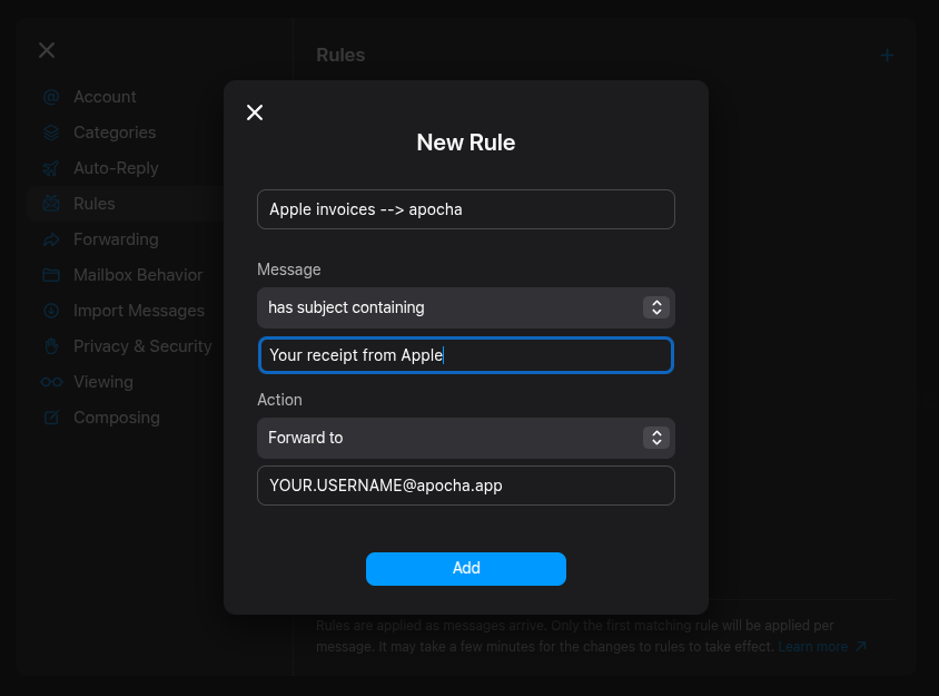 Configuration of the forwarding rule for email receipts from Apple