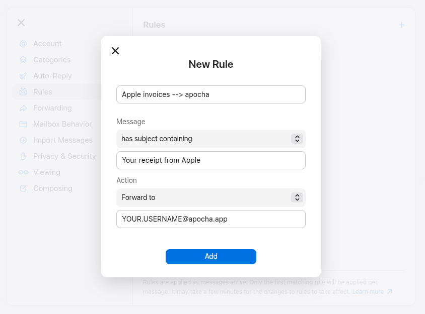 Configuration of the forwarding rule for email receipts from Apple