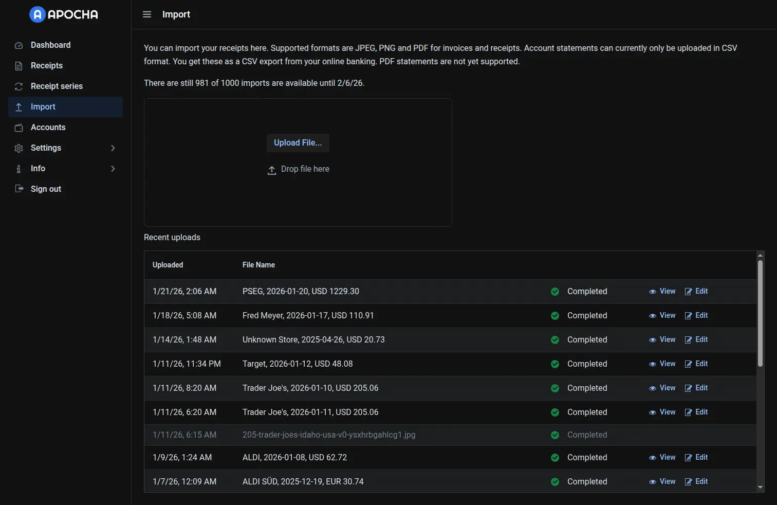 Import page with drag-and-drop upload zone