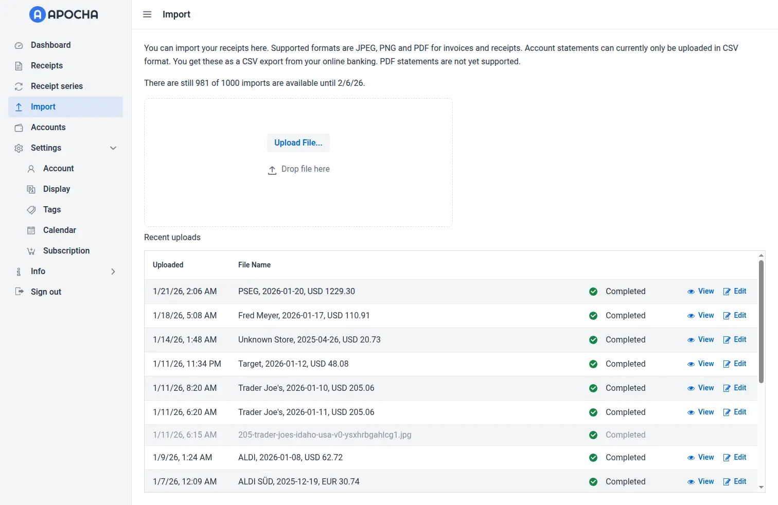 Import page with drag-and-drop upload zone