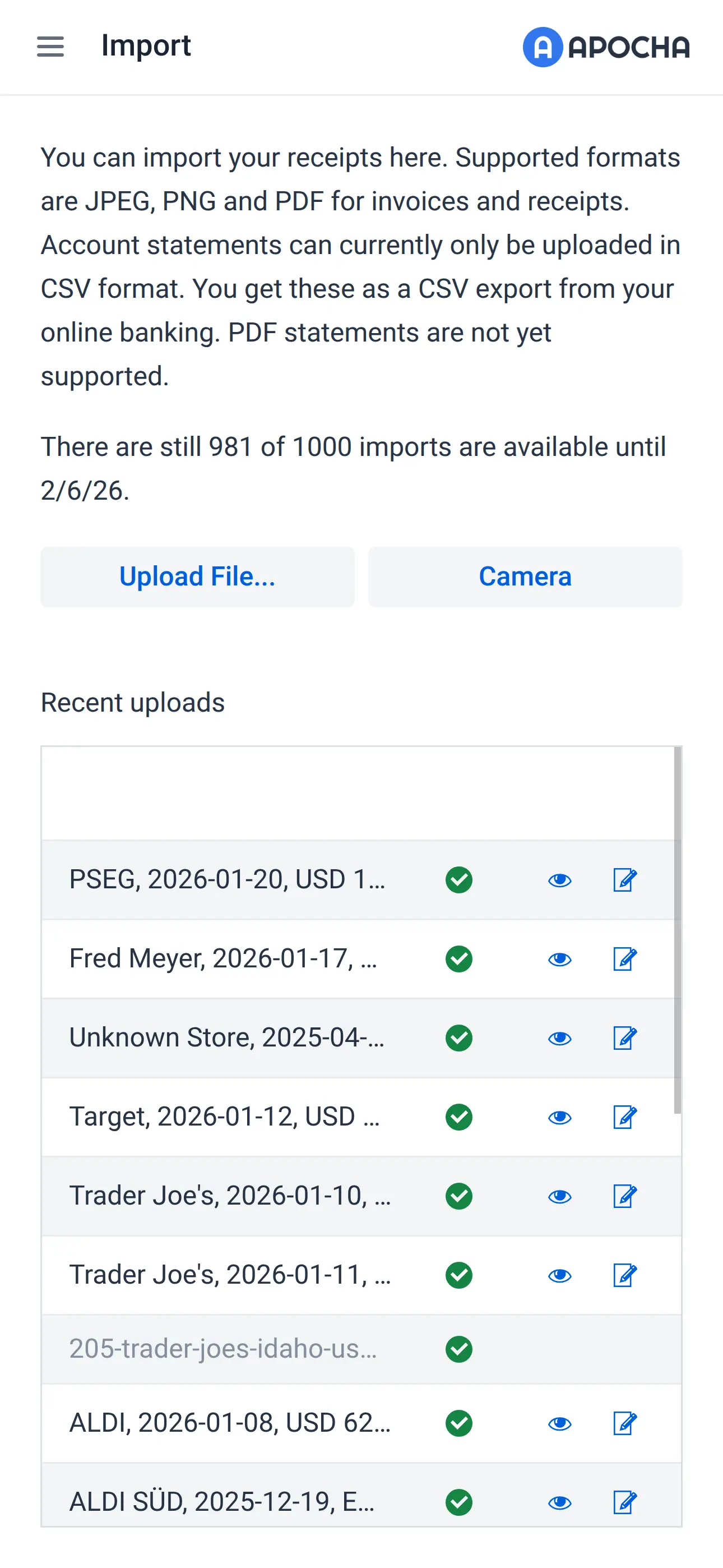 Mobile import page with camera and file options