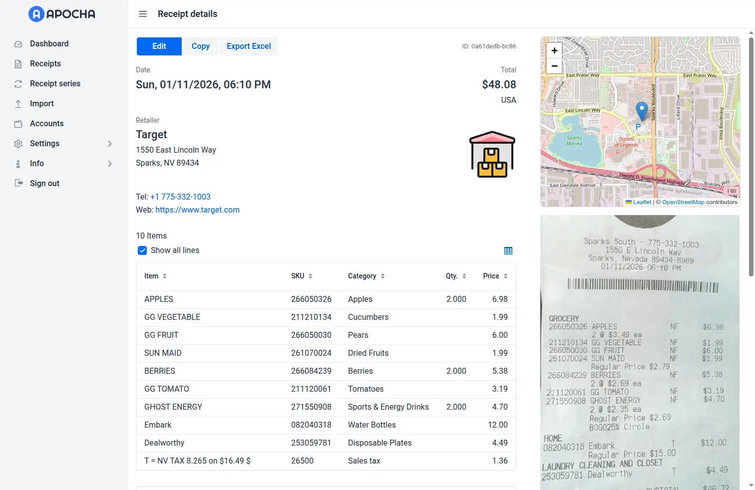 Receipt photo and extracted data comparison