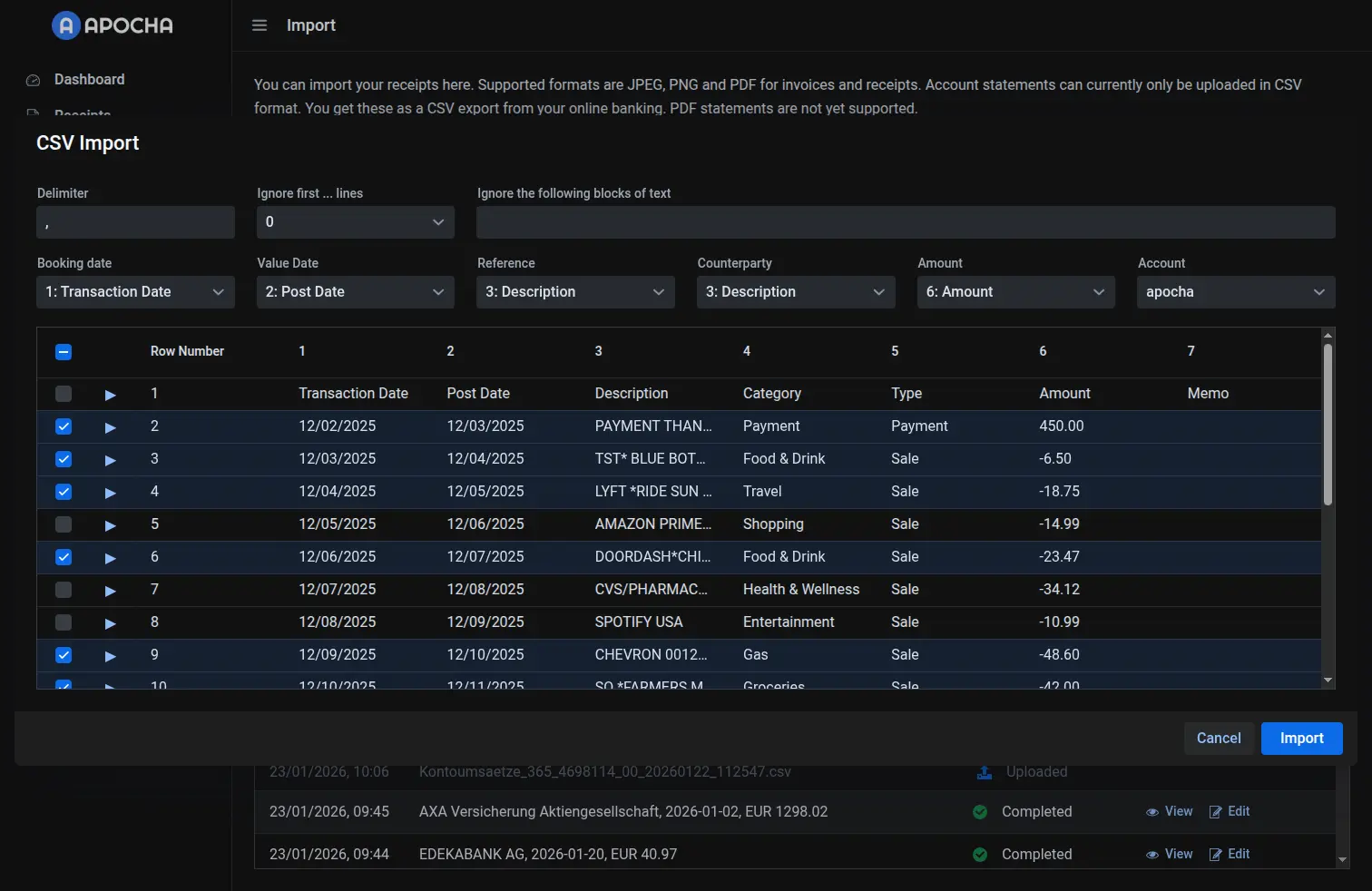 CSV import dialog with settings and data preview grid