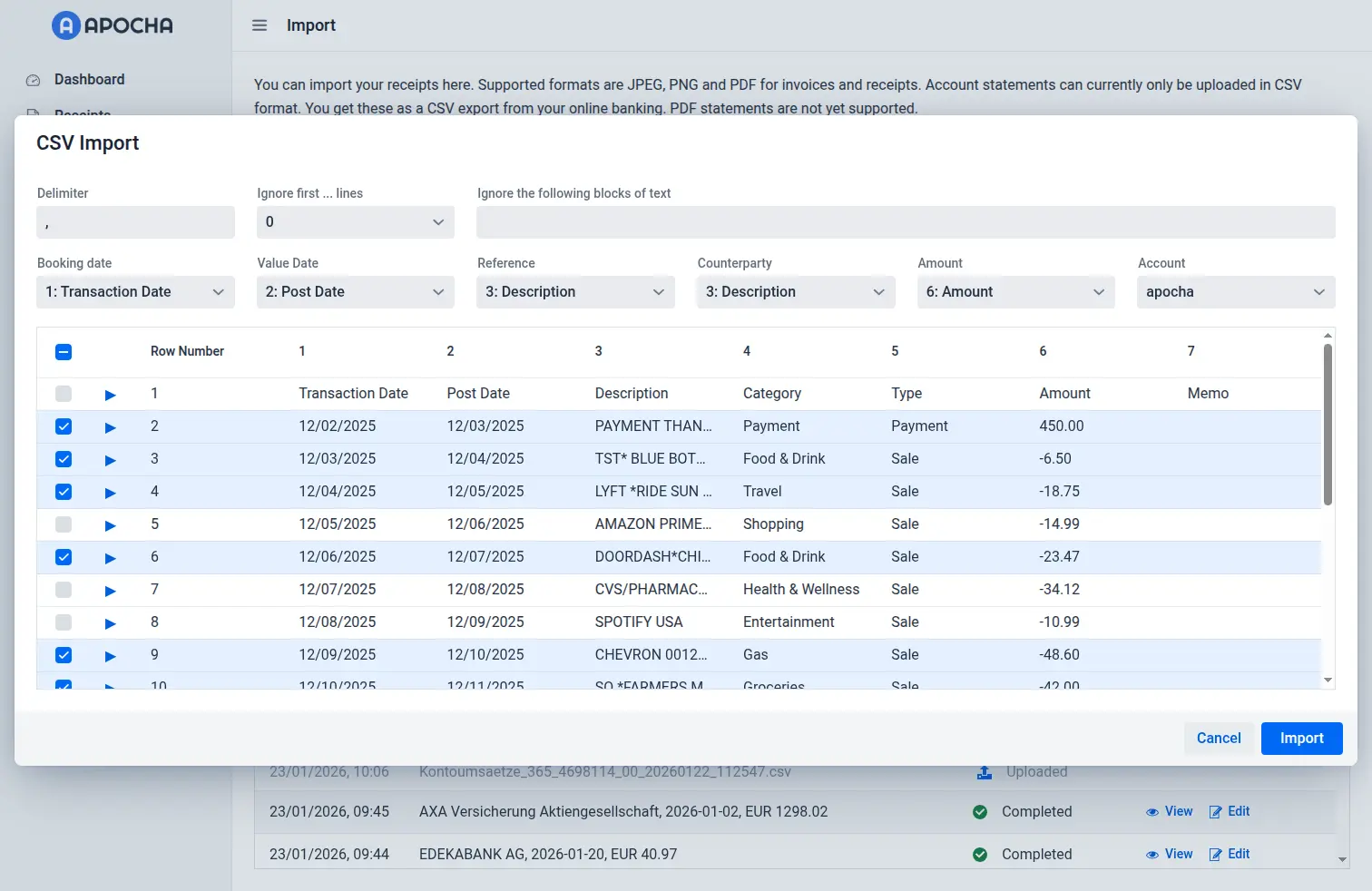 CSV import dialog with settings and data preview grid CSV import dialog with settings and data preview grid
