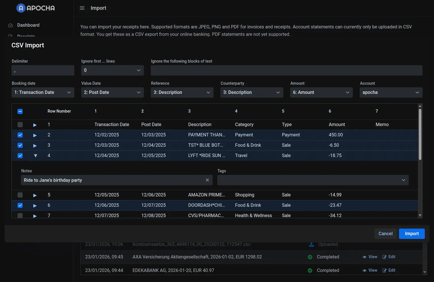 Expanded row with notes and tags input fields