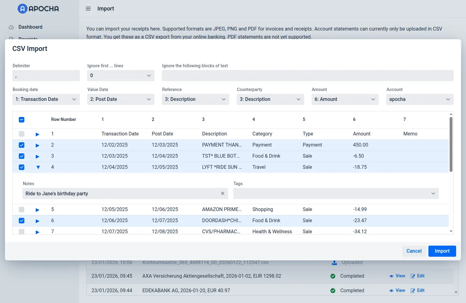Expanded row with notes and tags input fields Expanded row with notes and tags input fields