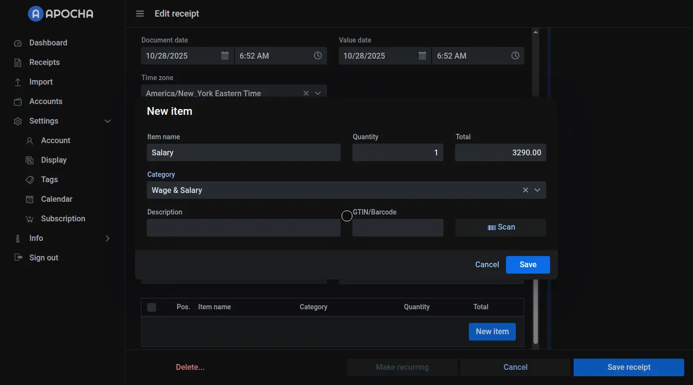 Add salary line item for recurring transaction tracking in Apocha