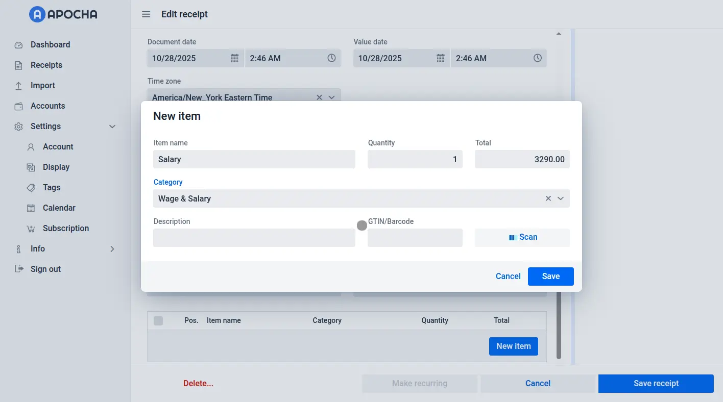 Add salary line item for recurring transaction tracking in Apocha
