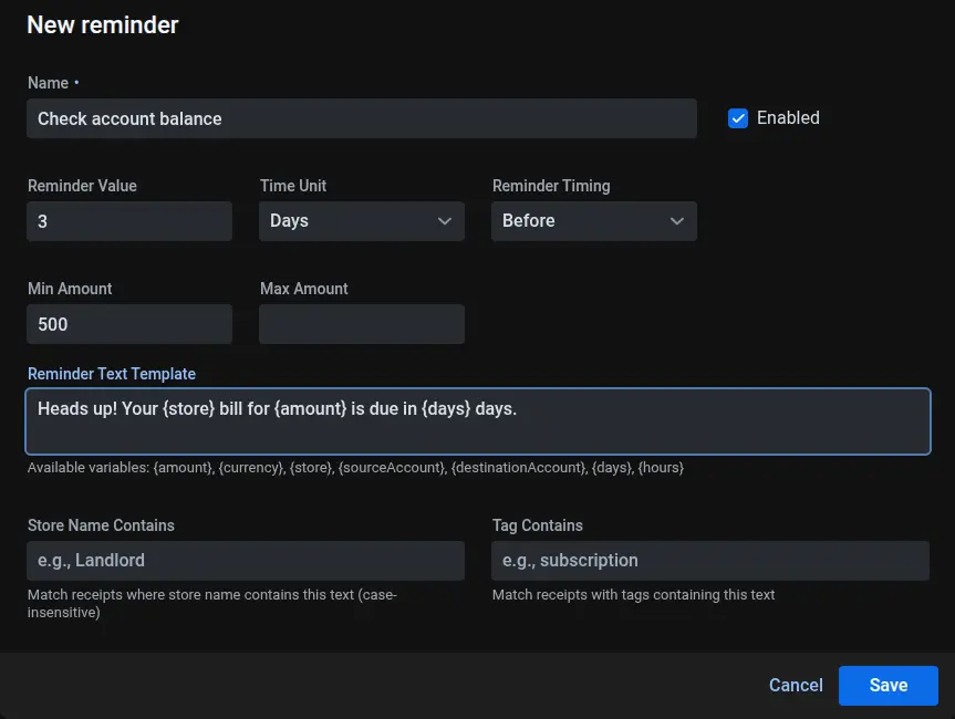 Screenshot of creating a new reminder