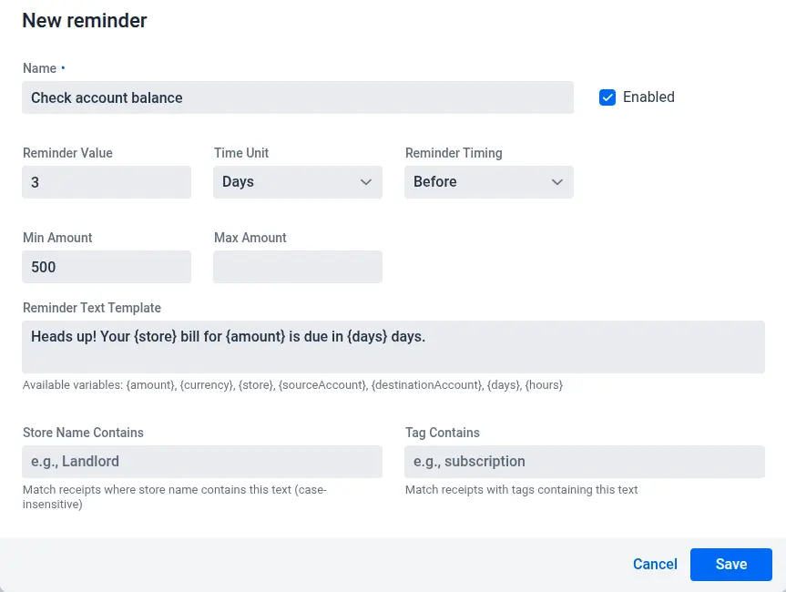 Screenshot of creating a new reminder