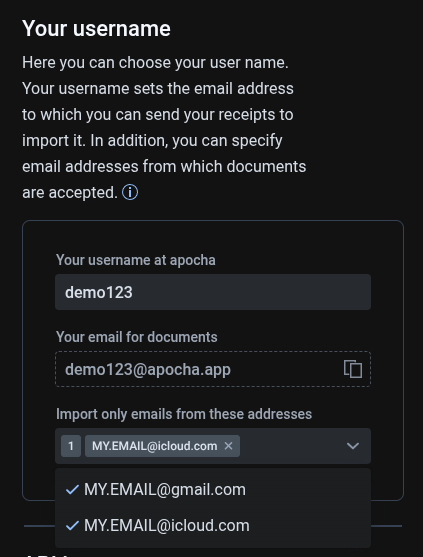 Screenshot of the apocha app with username settings