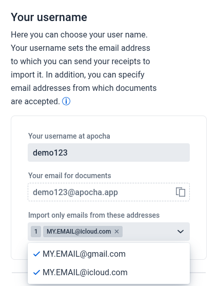 Screenshot of the apocha app with username settings