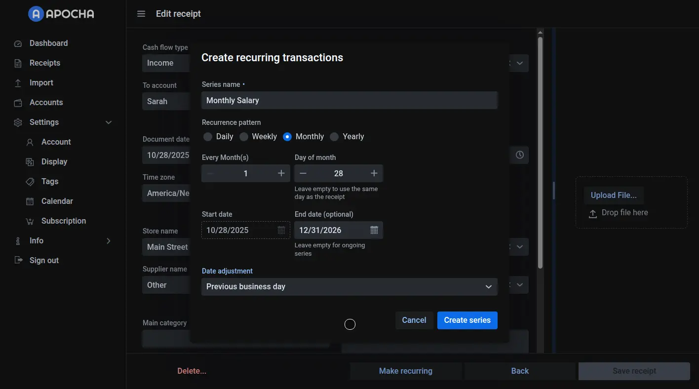 Configure monthly salary recurrence pattern for automatic tracking in Apocha