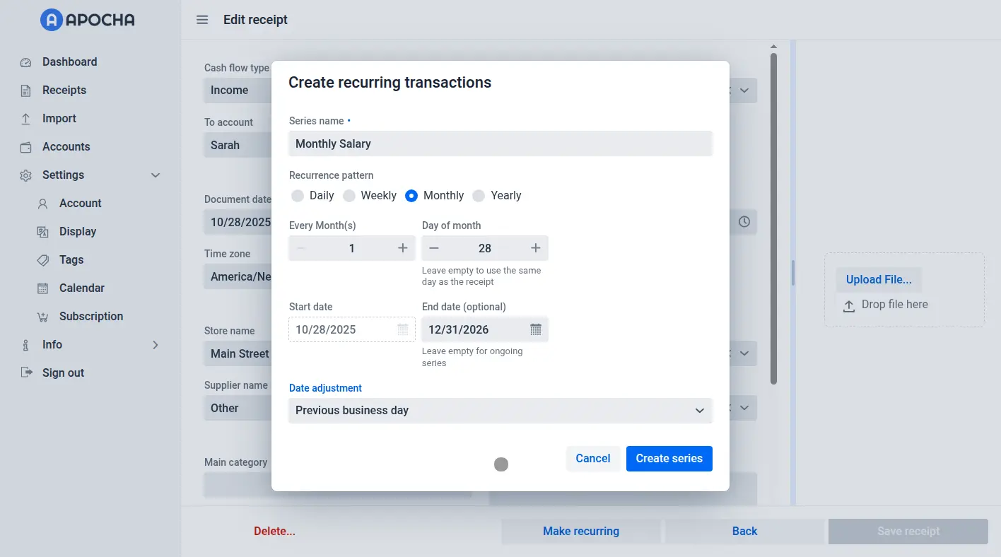Configure monthly salary recurrence pattern for automatic tracking in Apocha
