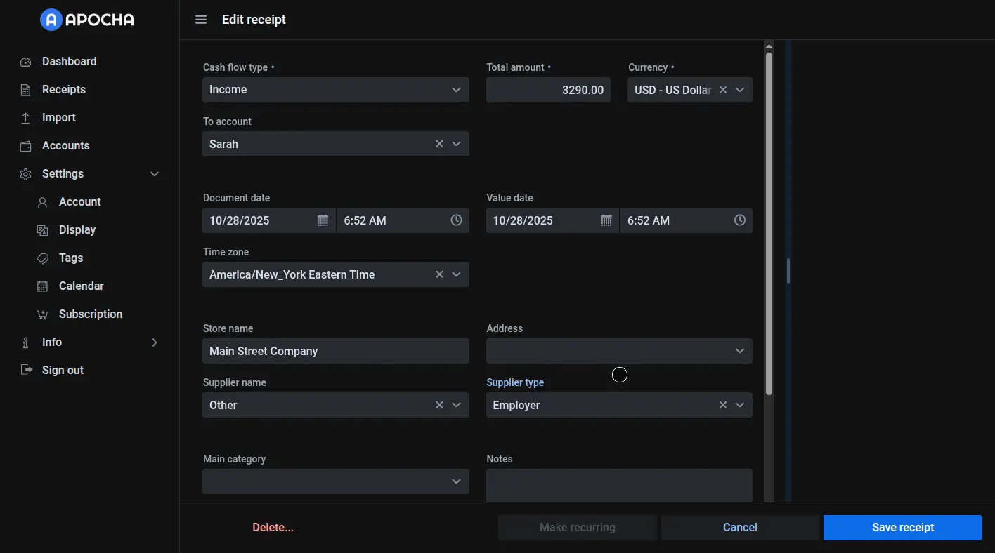 Create monthly salary tracking in Apocha - income receipt setup dialog