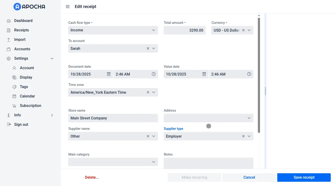 Create monthly salary tracking in Apocha - income receipt setup dialog