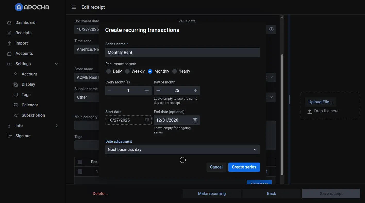 Track monthly rent expense automatically with recurring transactions in Apocha