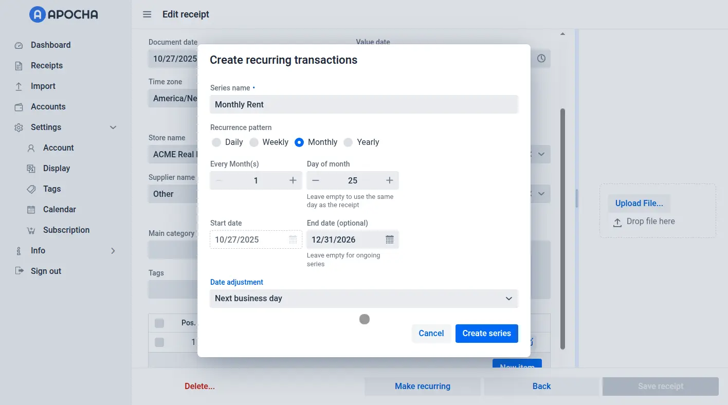 Track monthly rent expense automatically with recurring transactions in Apocha