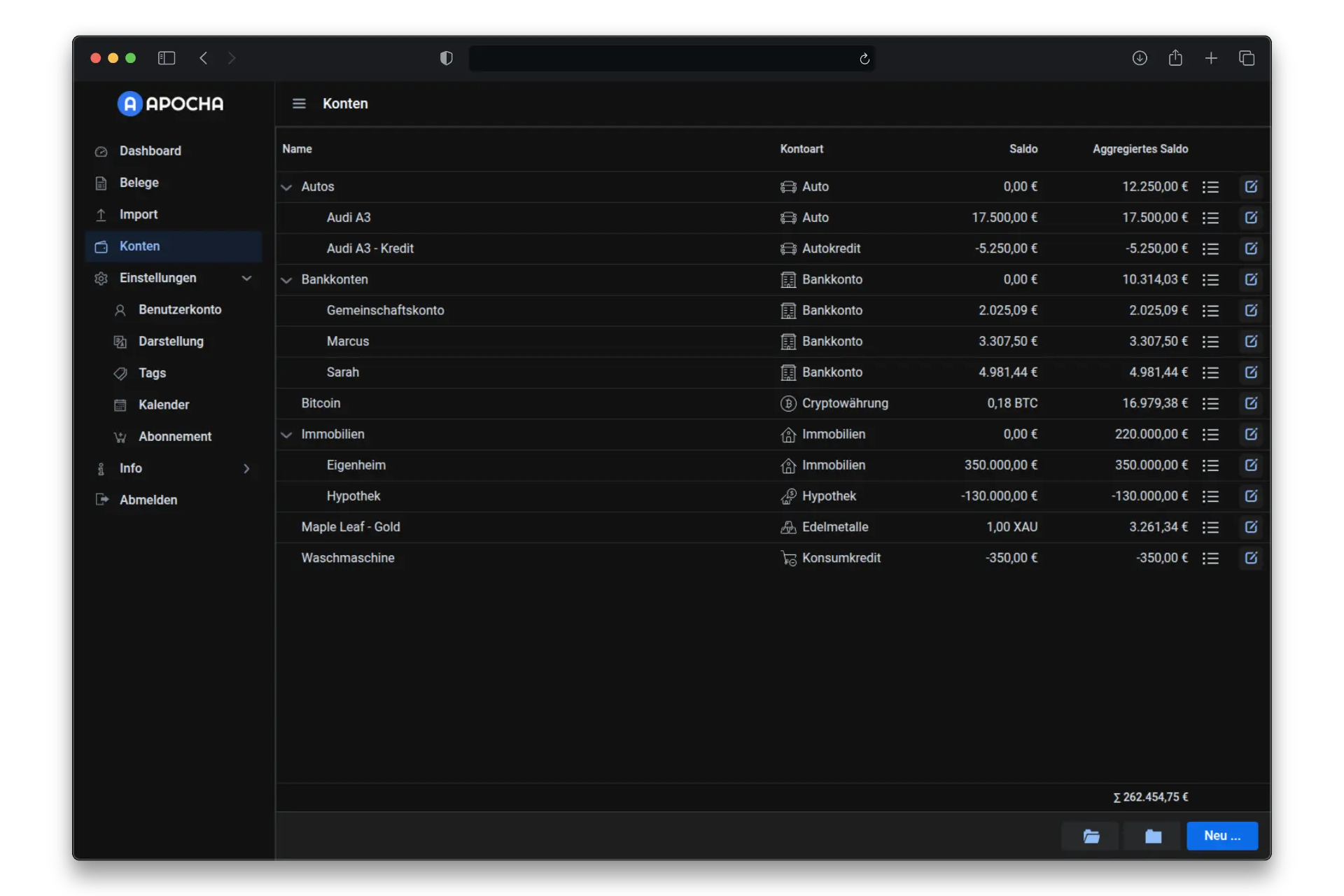 Screenshot der Apocha App: Kontenhierarchie