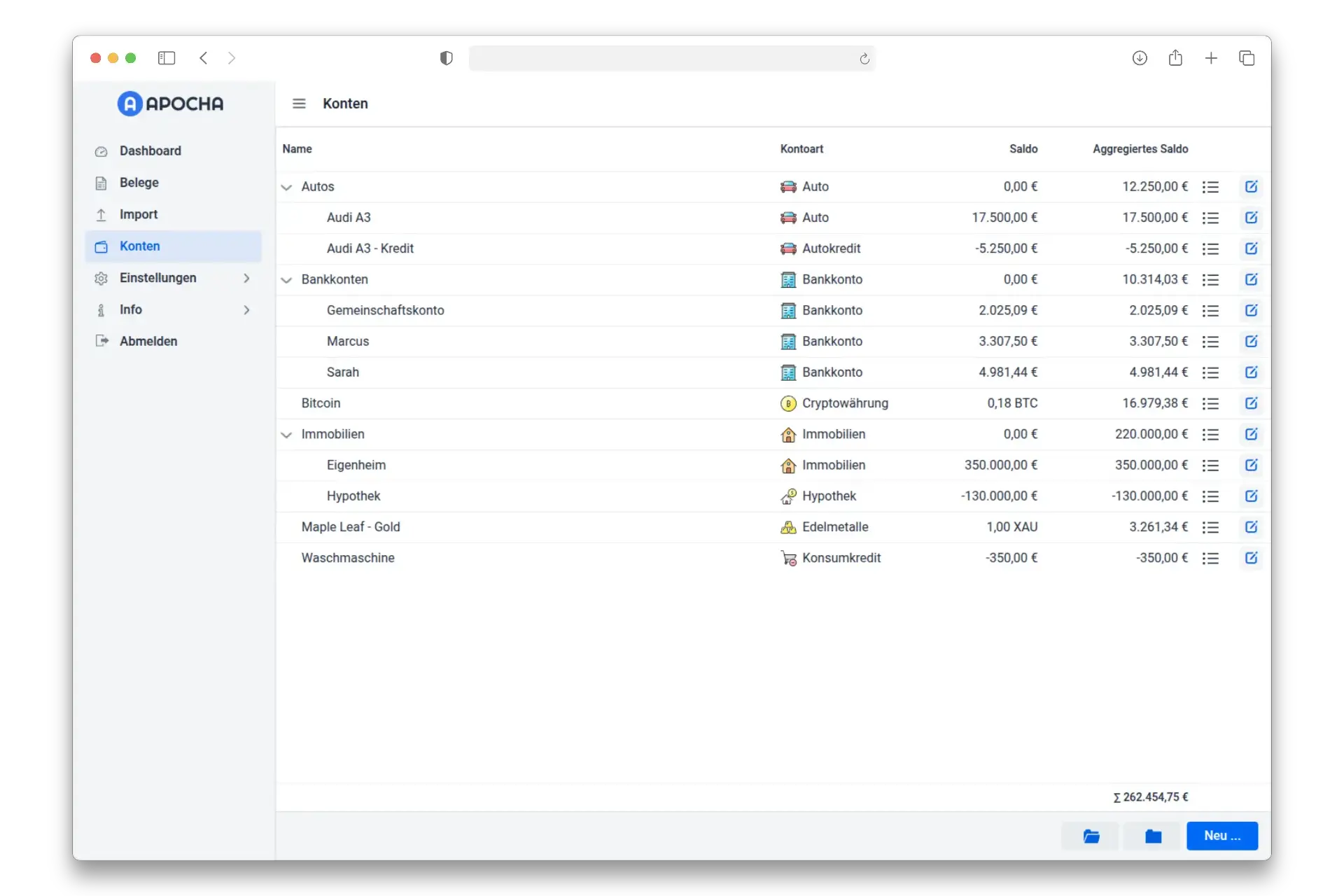 Screenshot der Apocha App: Kontenhierarchie