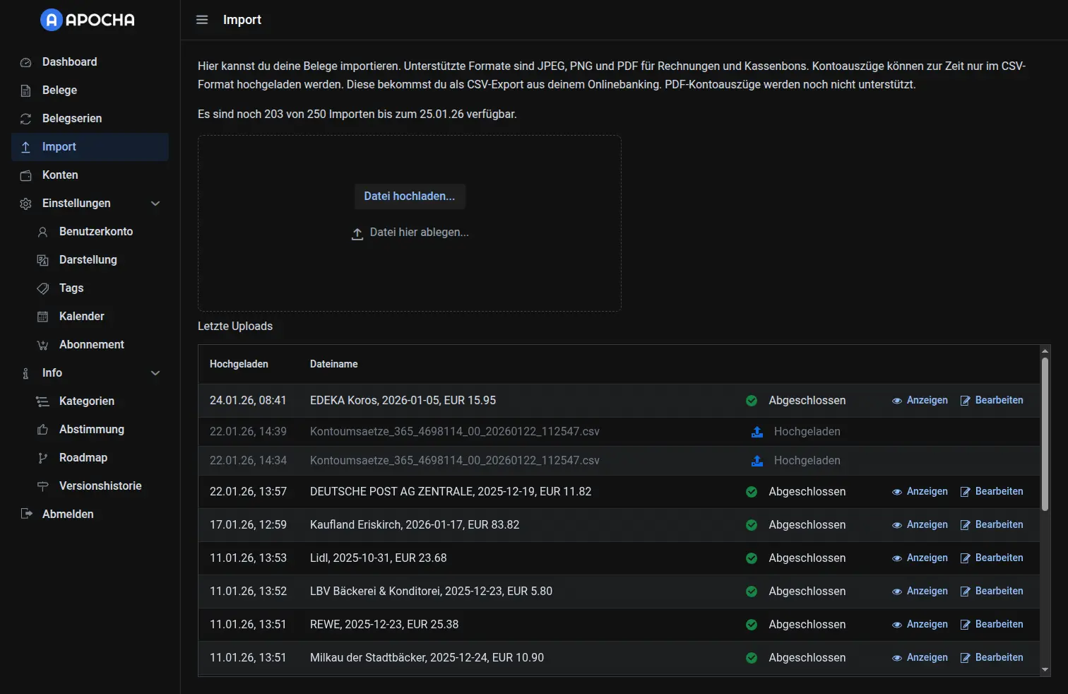 Import-Seite mit Drag-and-Drop-Upload-Zone