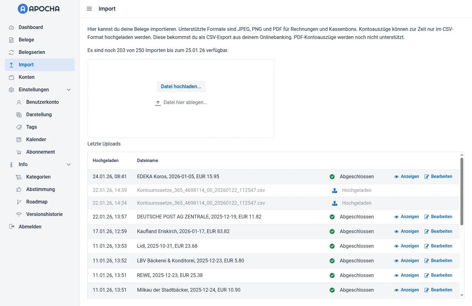Import-Seite mit Drag-and-Drop-Upload-Zone