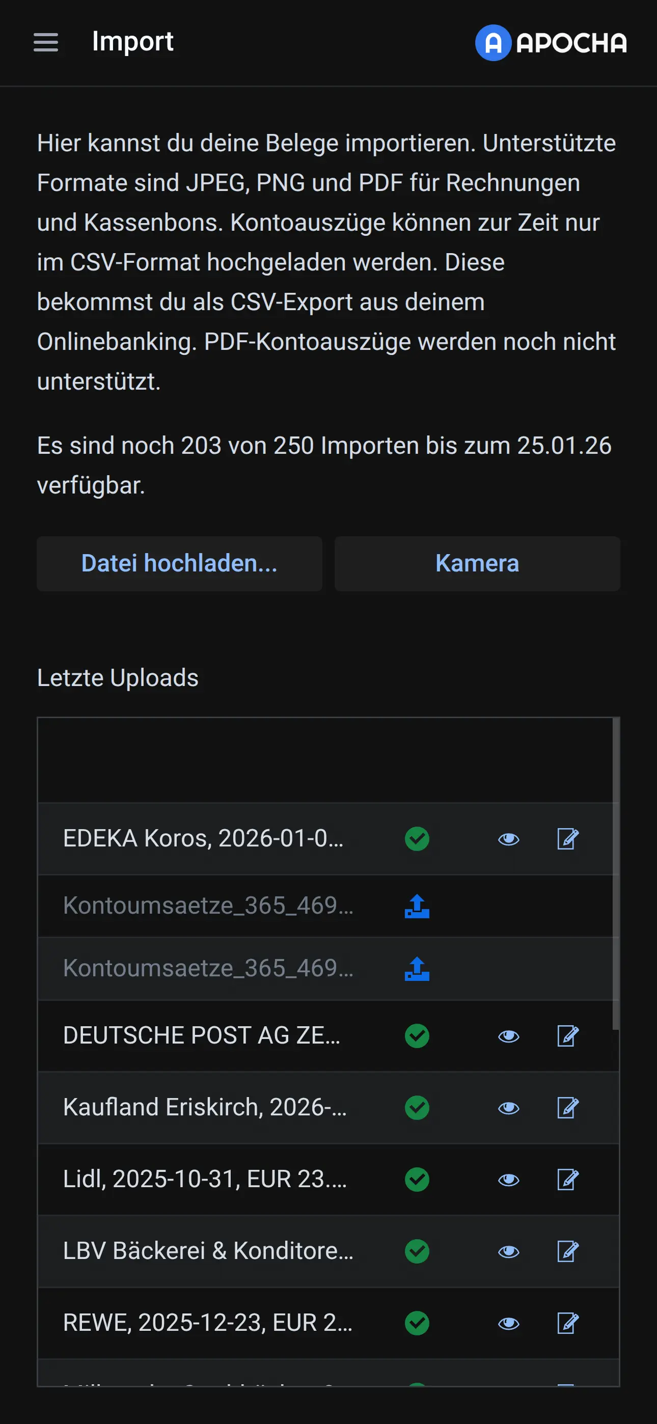 Mobile Import-Seite mit Kamera- und Dateioptionen
