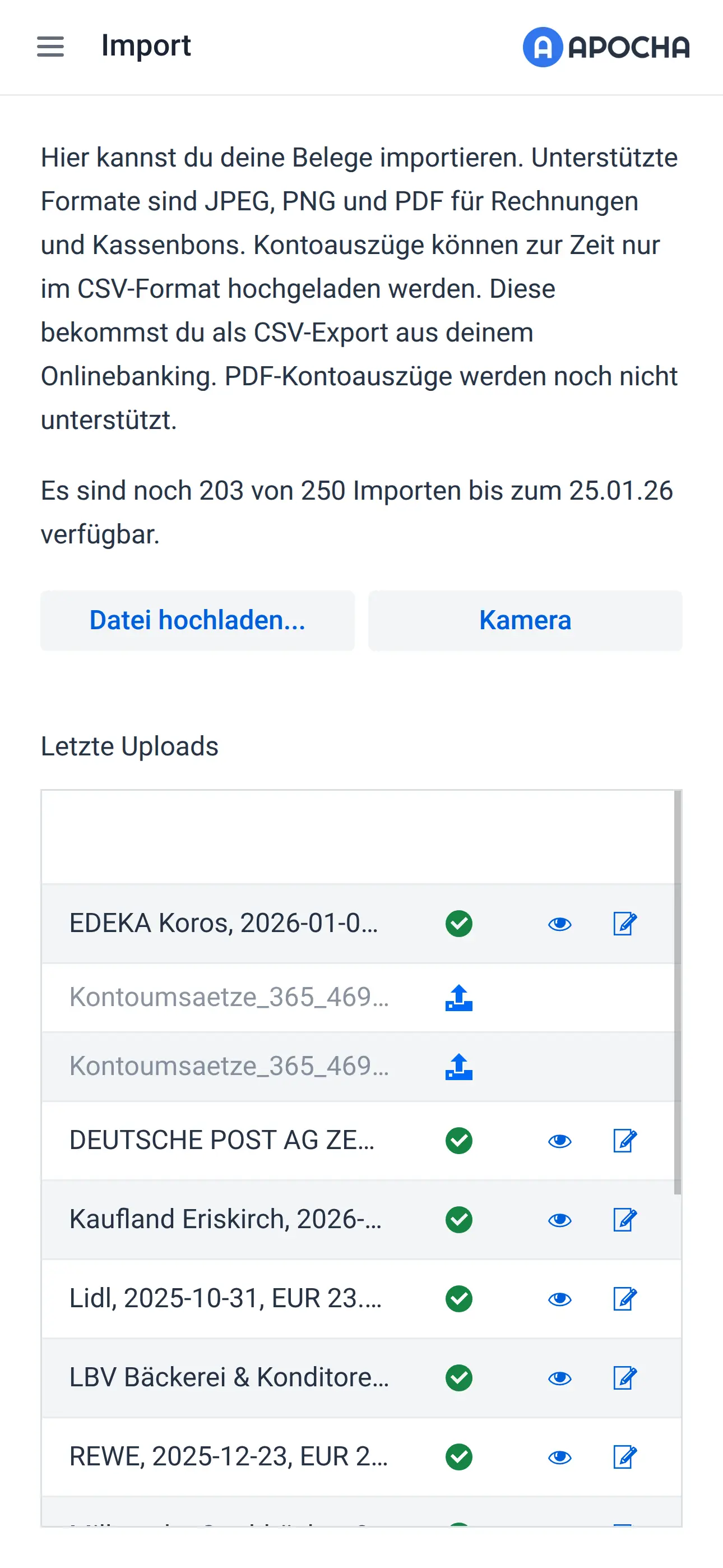 Mobile Import-Seite mit Kamera- und Dateioptionen