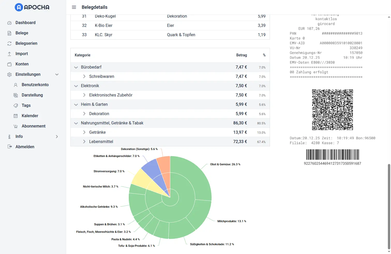 Belegfoto und kategorisierte Daten