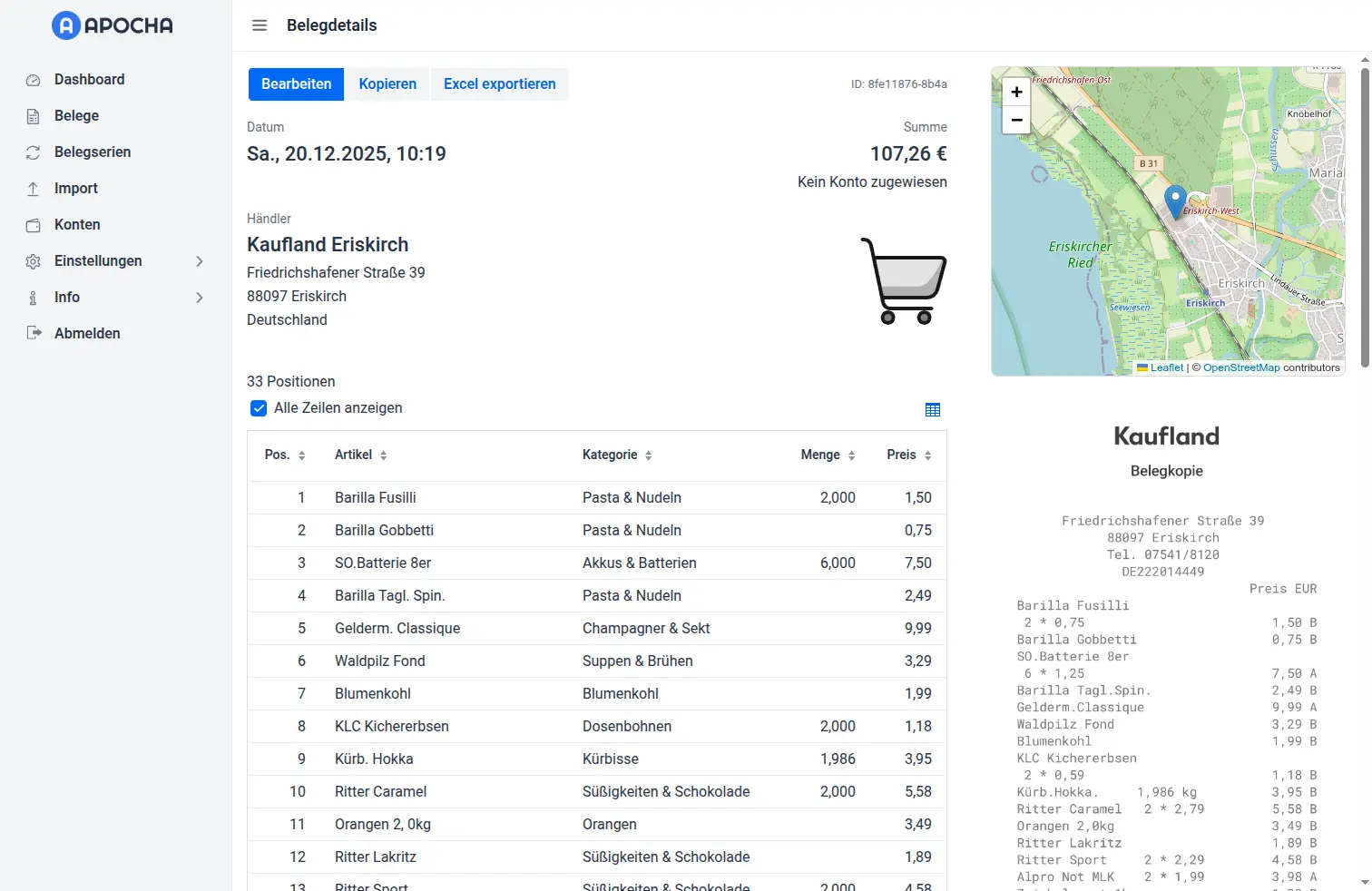 Belegfoto und extrahierte Daten im Vergleich