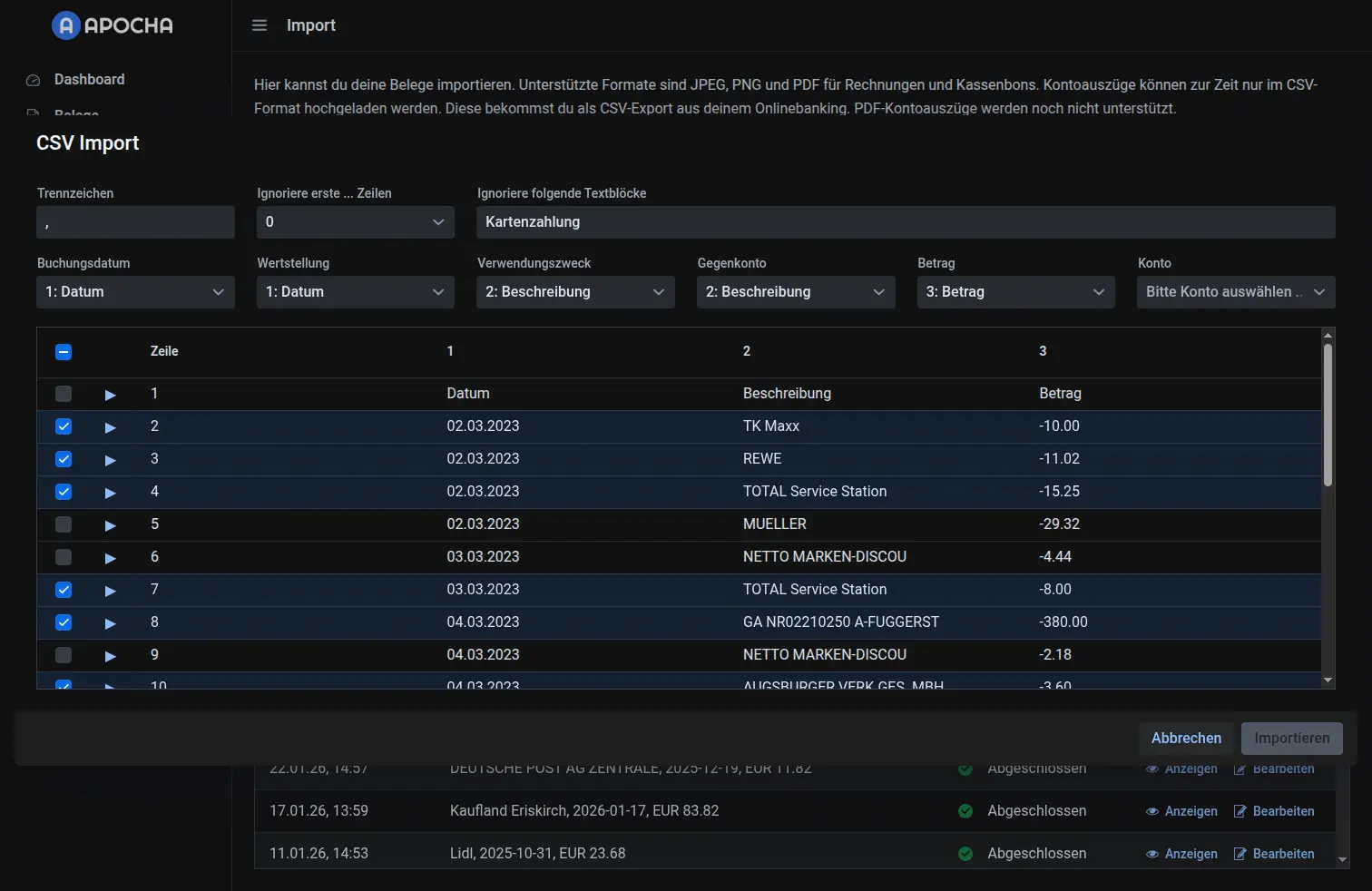 CSV-Import-Dialog mit Einstellungen und Datenvorschau
