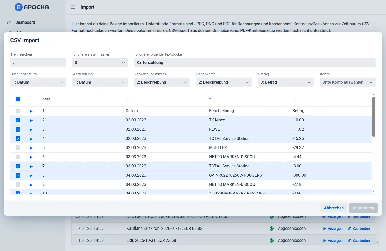 CSV-Import-Dialog mit Einstellungen und Datenvorschau CSV-Import-Dialog mit Einstellungen und Datenvorschau