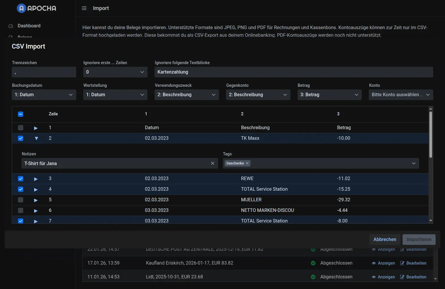Aufgeklappte Zeile mit Notizen- und Tags-Eingabefeldern