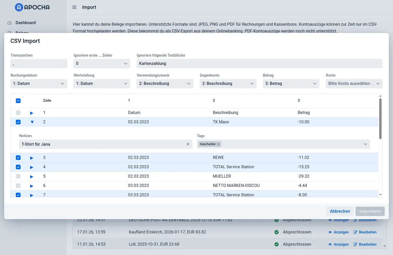 Aufgeklappte Zeile mit Notizen- und Tags-Eingabefeldern Aufgeklappte Zeile mit Notizen- und Tags-Eingabefeldern