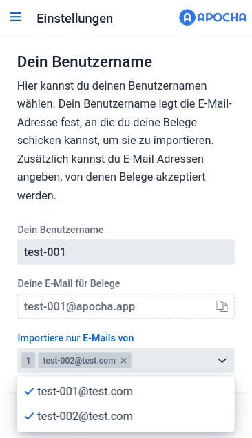 Screenshot der apocha App mit den Einstellungen zum Benutzernamen