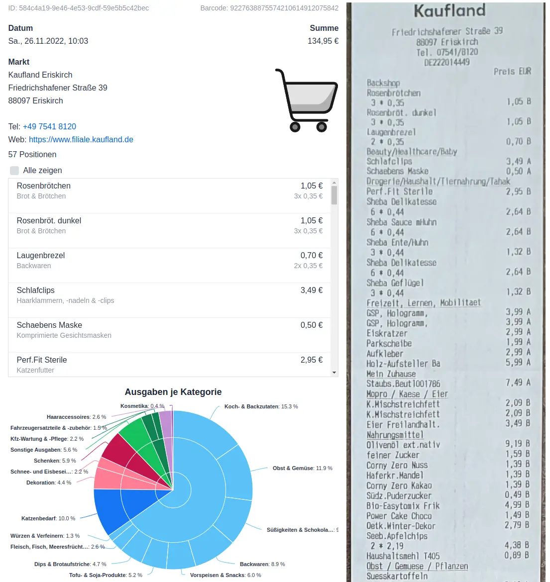 Screenshot der apocha Haushaltsbuch App mit einem ausgewerteten Kassenbon