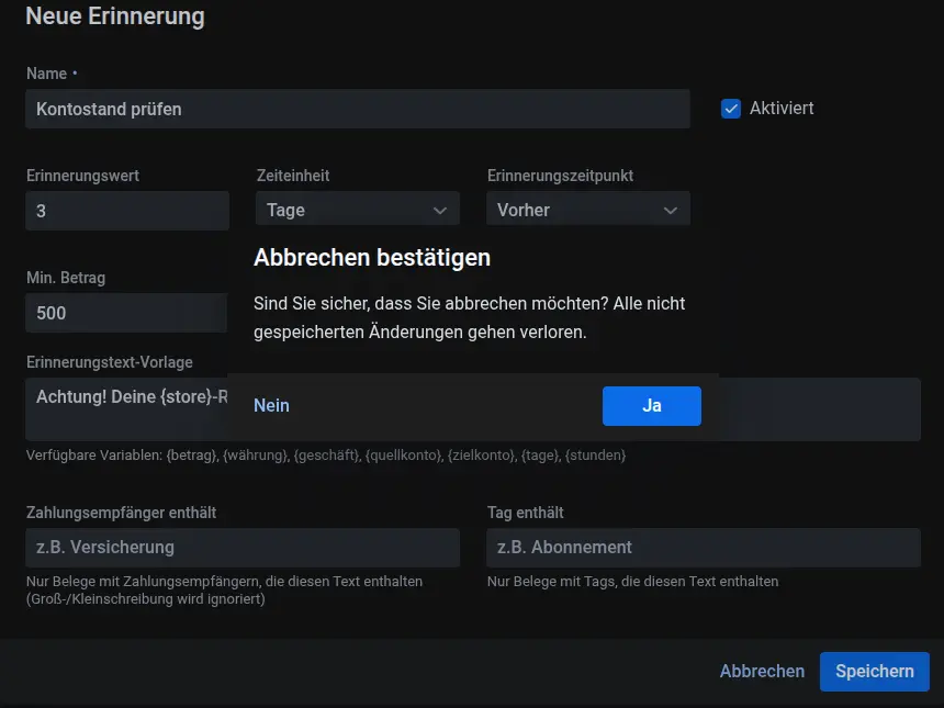 Screenshot der Erstellung einer neuen Erinnerung